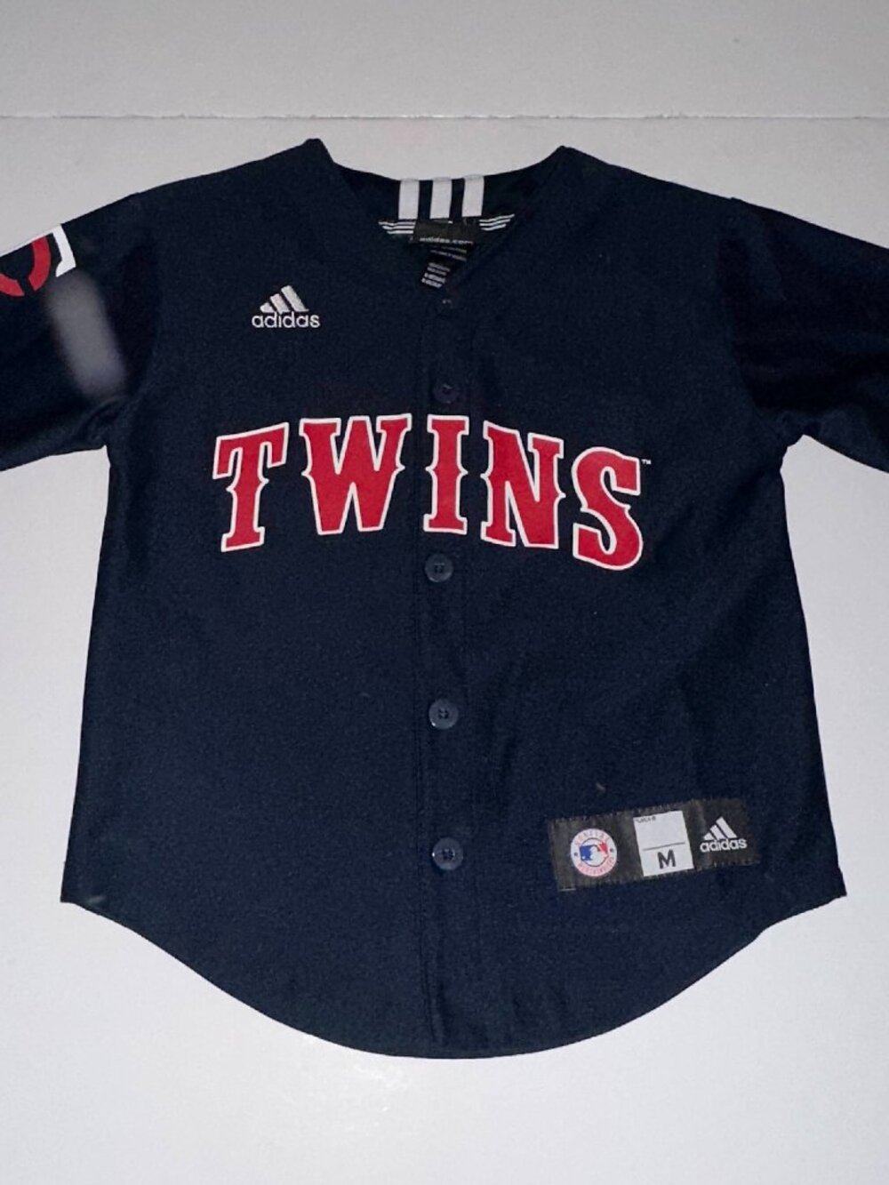 adidas Kids Navy Blue Twins Baseball Jersey with Red Lettering